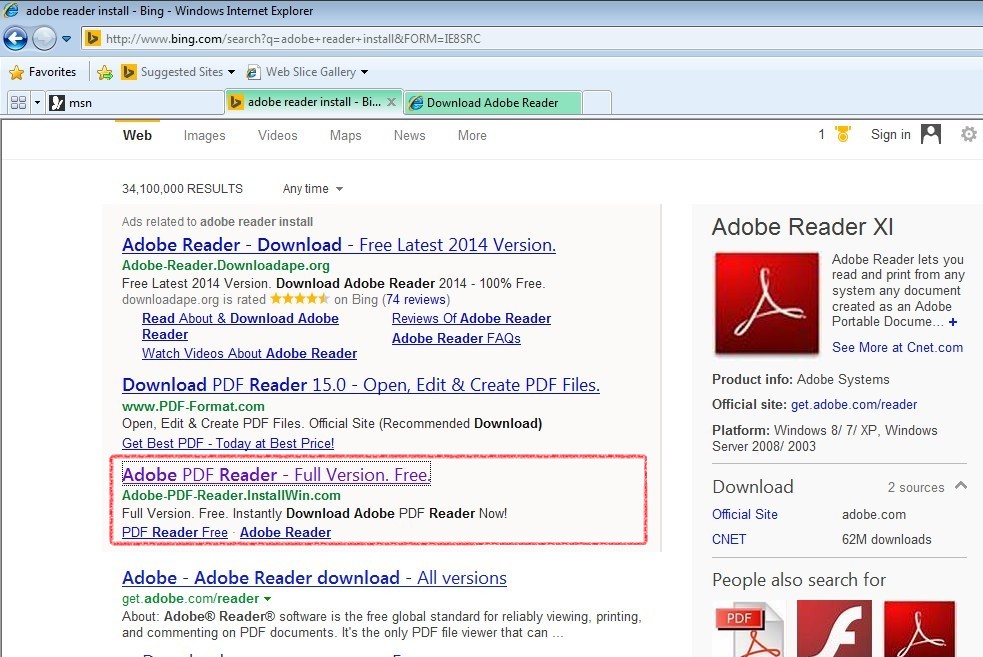 Adobe Reader search on Bing